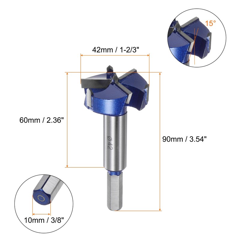 sourcing map Forstner Drill Bit 42mm (1-2/3") Tungsten Carbide 3