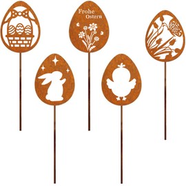 Osterdeko für draußen Gartenstecker,Ostern Deko Frühling Garten Outdoor,Gartendeko Rost Ostereier 5er Set,Blumenstecker Eier Osterschmuck wetterfest aus Metall für Terrasse Balkon Blumentopf