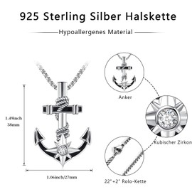 TwoAnts Anchor Chain 925 Sterling Silver Compass/North Star Pendant Necklace Nautical Jewellery Gifts for Men Women, Sterling Silver