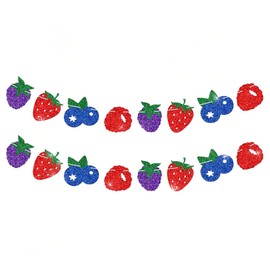 2 PCS Sweet Berry Banner Glitter Garland Strawberry Raspberry Blueberry Banners Summer Fruit Themed Baby Shower Birthday Party Decorations Photo Props Party Supplies