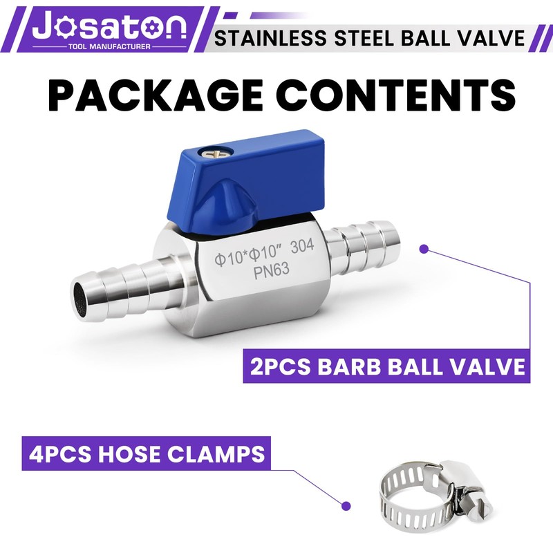 Josaton 3/8” Hose ID Barb Ball Valve 304 Stainless Steel