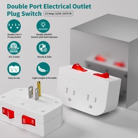 3Pack - POWAWINI Grounded Outlet with Double On Off Switch, Two Port Electrical Outlet Plug Switch, Wall Tap Adapter with Daul Red Indicator, 1875W,15A, ETL Listed, White