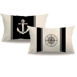 7COLORROOM 2Pack Nautical Sailing Throw Pillow Cover Anchor/Compass Pattern Rectangular/Waist Cushion Cover Ocean Beach Home Decor Pillowcases 12"×20",for Sofa Couch Patio r (Black)