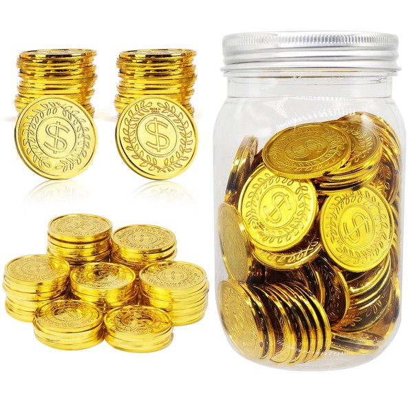 Mczxon Plastic Gold Coins 100 Count, Pirate Treasure Play Golden Toy Coins Bulk with Mason Jar, Small Plastic Play Gold Prop Pretend Pirate Reward Tokens Coins Toy for Kids Party Treasure Hunt Game
