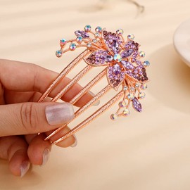 Jumwrit Wedding Crystal Hair Comb Leaf Colorful Rhinestone Spray Flower Hair Side Comb Rose Gold Hair Clip Comb Floral Vintage Bride Bridesmaid Headpiece Bridal Hair Jewelry for Women Girls(Purple)