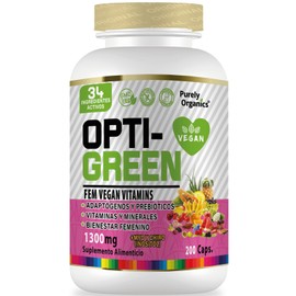 Opti-Green FemVegan Vitamins 200 Caps. Adaptogenos, Prebióticos, Vitaminas y Minerales para el Bienestar Femenino.