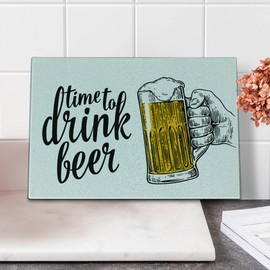 Ambesonne Lifestyle Cutting Board, Time to Drink Beer Words with a Man Hand Holding the Mug Toast Illustration, Decorative Tempered Glass Cutting and Serving Board, Small Size, Yellow Black