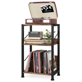 Hosfais 3 Tier Record Player Stand, Retro Vinyl Storage End Table Records for Living Room Bedroom (Brown)