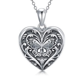 SOULMEET Sterling Silver Butterfly Heart Locket Necklace Holds Picture Photos Pendant Necklace for Women Girls