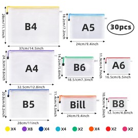 Mesh Zipper Pouch 30PCS Waterproof Zipper Bags 8 Sizes 8 Colors Plastic Document Pouch for Organizing School Supplies, Office Appliances, Home Organize and Travel Storage