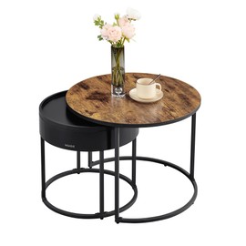 VASAGLE VASAGLE Round Coffee Tables, Set of 2 Nesting Tables, Modern Round Side Tables with Hidden Storage and Top Tray, for Living Room, Bedroom, Office, Rustic Brown and Ink Black ULCT044K01