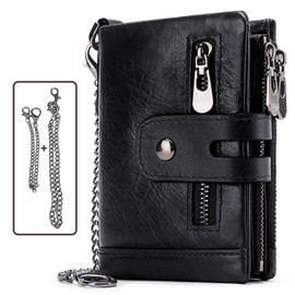CRFASIBE Men's Black Goth Biker Wallet, RFID Blocking, Chain Wallet, Trifold Wallet, Genuine Leather Purse
