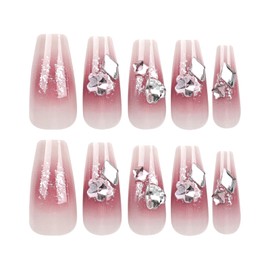 Angwis 24pcs Pink Ombre Coffin Press-on Nails Set - Glitter Silver Heart Rhinestone False Nails - Acrylic, Full Cover, Full Well Tips