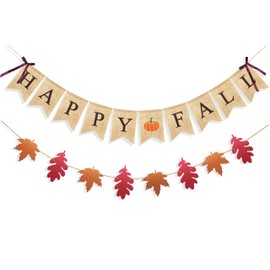 Uniwish Happy Fall Banner with Pumpkin Maple Leaves Sign Garland Fall Thanksgiving Day Decorations Mantle Fireplace Hanging Bunting