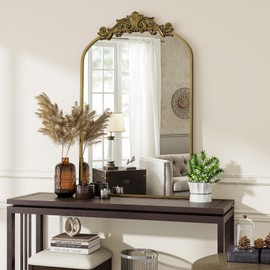 VooBang Vintage Arched Wall Mirror, 26x38 inch Retro Arch Bathroom Mirror, Carve Pattern Top Wall Mounted Vanity Mirror with Metal Frame, Bathroom Mirror Hanging or Leaning, Antique