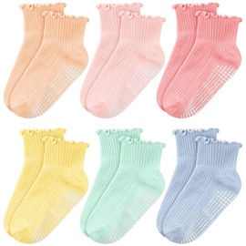 Cooraby 6 Pairs Toddler Anti Slip Non Skid Socks Baby Little Girls Frilly Ruffle Socks Cute Cotton Dress Sock 6M-6Y