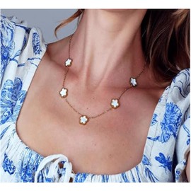 Clover Leaf Gold Necklace for Women Dainty 14k Gold Flower Necklace Statement Trendy Hypoallergenic Non Tarnish Hypoallergenic Necklace Jewelry (WHITE)