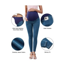 OUGES Womens 2025 Maternity Blue Jeans Over Belly Skinny Stretchy Mom Jeans Denim Comfy High Rise Jeggings Pregnancy Pants with Pockets Summer Maternity Clothes Leggings(Blue,S)