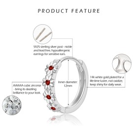 JEWAB Silver Earrings for Women Girls - Sterling Silver Flower Earrings, 12mm Beautiful Flower Earrings with Red Cubic Zirconia Huggie Hoop Earrings | Hypoallergenic Sleeper Earrings Jewellery