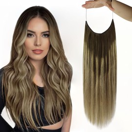 Full Shine Invisible Wire Hair Extensions Balayage Hair Extensions Clip ins Color Brown To Ash Brown Mix Blonde Wire Hair Extensions with Removable Clips Hair Extensions Clip ins 16 Inch 80G