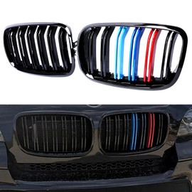 XOPIYAO Grille M Color Double Slats Gloss Black Grill Compatible with 2007 2008 2009 2010 2011 2012 2013 E70 E71 X5 X6 ABS Front Kidney Grill, 2-pc Set