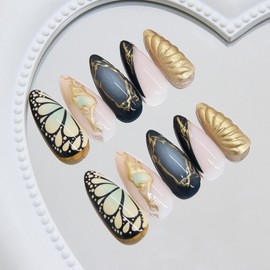 SEENEEY Almond Press on Nails Medium Fake Nails Artificial Nail Press ons with Gold Charm and Butterfly Designs Cute Stick on Nail for Women 24pcs