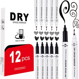 EFNHJF5 Pack of 12 Whiteboard Markers Thin 0.5-1.0 mm, Dual Tip Whiteboard Pens Black, Dry Erase Marker, Foil Pen Wipeable for School, Office and Home
