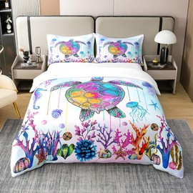 Sea Turtle 100% Cotton Duvet Cover 135 x 200 cm, Graffiti Turtle Bedding Set for Children, Rainbow Ombre Jellyfish Coral Comfort Cover, Watercolour Coast Bed Sets with 1 Pillowcase Breathable