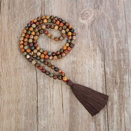 Yoga Necklace Jewellery Beads Long Tassel Necklace Jasper with 108 Mala Beads for Men or Women, Stone