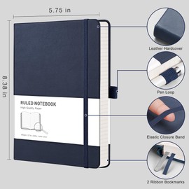 RETTACY Notebook Lined A5, Journal Diary with 192 Numbered Pages, 100 gsm Notebooks, Inner Pocket, Hardcover Book for Office, School, Work, Women, Men, 14.8 x 21 cm - Blue