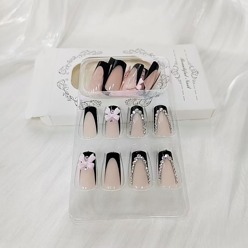 24 Pcs Pink Press on Nails Medium Square,MINGCHUN Spring Black