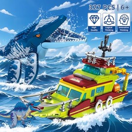 kiothdre 3 in 1 Ocean Explorer Dinosaur Building Set Compatible with Dinosaur Park World, City Boat Ship & Mosasaurus Spinosaurus Dino Toys with Poseable Joints, Toys for Kids Boys Age 6-12
