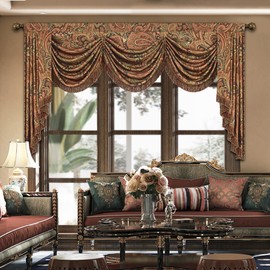 Loom and Mill Vintage Jacquard Waterfall Valance for Living Room Bedroom, Classic Paisley Swag Window Valances with Tassels, Luxury Swag Curtains for Banquet Holiday Decoration(W79Inch,1 Panel)