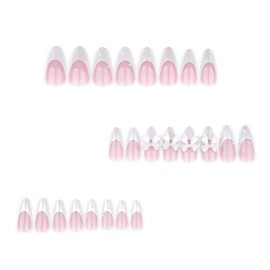 24Pcs Almond Press on Nails Medium Length White French Tip Fake Nails with 3D Pearl Bows Designs Full Cover Nude Acrylic Nails Bow False Nails Stick on Nails for Women DIY Nail Decoration Supplies