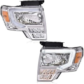 G-PLUS LED Tube Headlights Assemblies Compatible with Ford F150 2009-2014 Headlamps Left Driver & Right Passenger Side Clear Lens Chrome Housing Amber Reflector