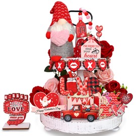 16 Pcs Valentines Day Tiered Tray Decororations Set, Valentine Gnome Tiered Tray Decor-Valentine Gnome Plush Valentine Wood Signs Valentine Decorations for Home Kitchen Table Valentines Day Gift (Red)