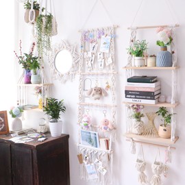 TENEWEE Headband Holder Bow Organizer for Girls, Boho Hair Tool Accessories Organizer with Stuffed Animal Storage Hammock Conner, Wall Mounted Scrunchie Bow Clip Holder Baby Girl Nursery Room Decor