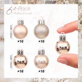 Sea Team 64-Pack Christmas Ball Ornaments with Strings, 25mm/0.98" Small Size Baubles, Shatterproof Plastic Christmas Bulbs, Hanging Decorations for Xmas Tree, Holiday, Wedding, Party, Champagne