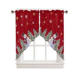 BEMIGO Christmas Swag Curtains Red Valance for Window, Cute Snowman Christmas Tree valances for Windows Kitchen Living Room, Rod Pocket Kitchen Valances Curtains Over Sink 28" W x 36" L