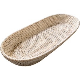 i-lan 17 Inch Long Narrow Oval Serving Basket, Boho Handmade Rattan Bowl Basket with 2 Inch Side,Decorative Loaf,Bread,Rolls,Fruit,Snack Flat Basket Wicker Tray for Serving, Wash White