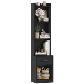 Furologee 6 Tier Book Shelf with Drawer, Black 53" Tall Narrow Bookcase, Corner Open Cube Shelves, Industrial Wood Floor Standing Rack, Display Storage Shelf for Living Room, Bedroom, Office, Kitchen