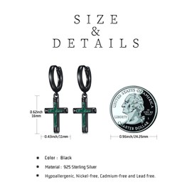 Cross Earrings for Men Women 925 Sterling Silver Black Huggie Hoops Dangling Earrings with Malachite Religious Jewelry Christian Gifts