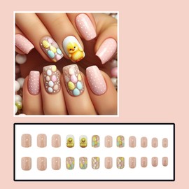 Easter Press On Nails Short Pink Fake Nails Square False Nails With Easter Egg Chick Designs Cute Easter Nails Press Ons Acrylic Glossy Nails Full Cover Stick On Nails For Women Girls 24Pcs