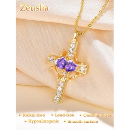 Gold Cross Necklace for Women Sterling Silver Cross with Crown Necklace Gold Crown Pendant Amethyst Jewellery February Birthstone Wedding Anniversary Birthday Gifts for Women