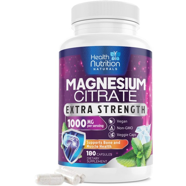 Magnesium Citrate Capsules 1000mg - Max Absorption Magnesium Powder Capsules for Muscle, Nerve, Bone and Heart Health Support, High Absorption Citrate Complex, Gluten Free, Non-GMO - 180 Capsules