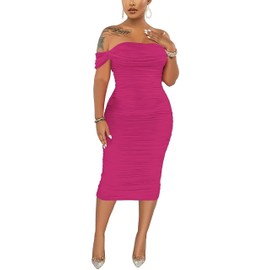 Fooullaide Women's Sleeveless Off Shoulder Ruched Midi Dress Bodycon Ruffle Strapless Sexy Party Club Tube Dresses