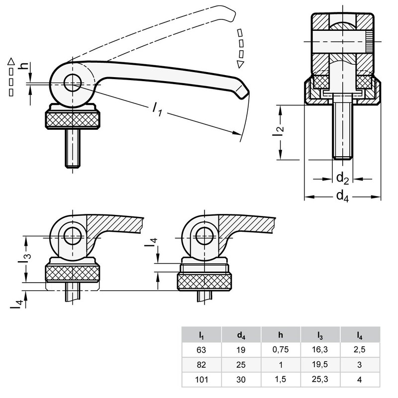 Ganter Normelemente Eccentric clamp with screw, 927-63-M6-20-A-B, handle length l1: