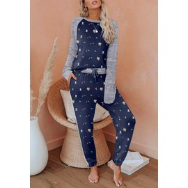 Ekouaer womens Pyjamas set lightweight lounge wear sets crewneck Long Pant Nightwear 2 PCS Sleepwear set long sleeves Pjs Teddy Bear Navy Blue XXL