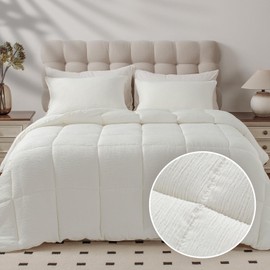 KASENTEX King Comforter Set - 3-Piece Farmhouse Bedding with Breathable Double Muslin Fabric, Ultra Soft and Fluffy Down Alternative,Lightweight Duvet Insert, Machine Washable, All-Season, White