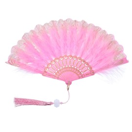 PATIKIL Embroidered Flower Marabou Feather Fan, 1920s Vintage Folding Handheld Fan Chinese Flapper Hand Fan for Costume Party Dancing Wedding Show Tea Decoration, Pink